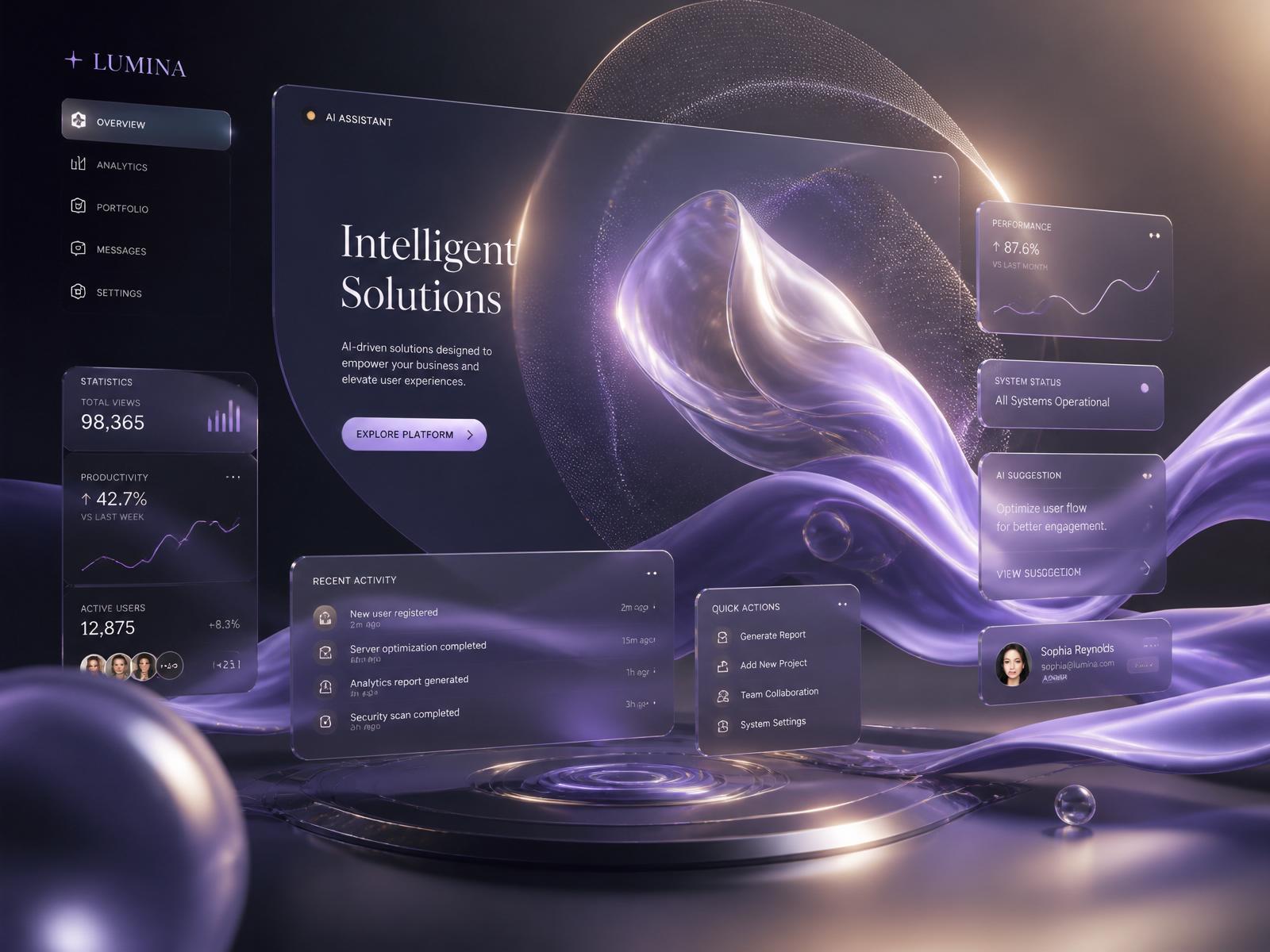 Modern purple dashboard interface floating over glass panels