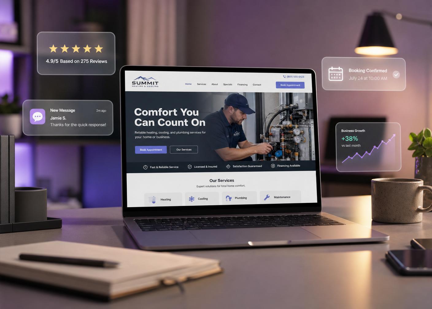 Laptop displaying a professional local business website with customer reviews, bookings, and growth analytics